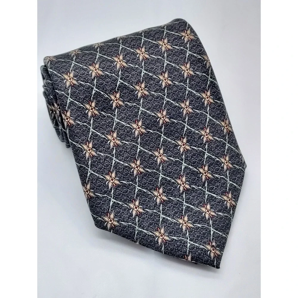 Bill Blass Mens Silk Necktie Charcoal Grey Floral Lattice Geometric Made in USA